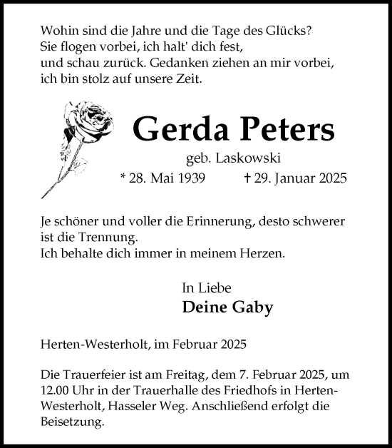 Traueranzeige von Gerda Peters von Trauer Vest
