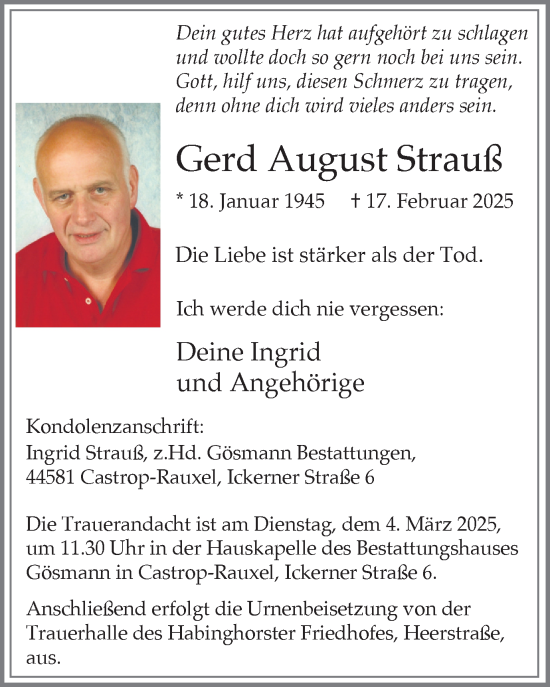 Traueranzeige von Gerd August Strauß von Stadtanzeiger Castrop-Rauxel