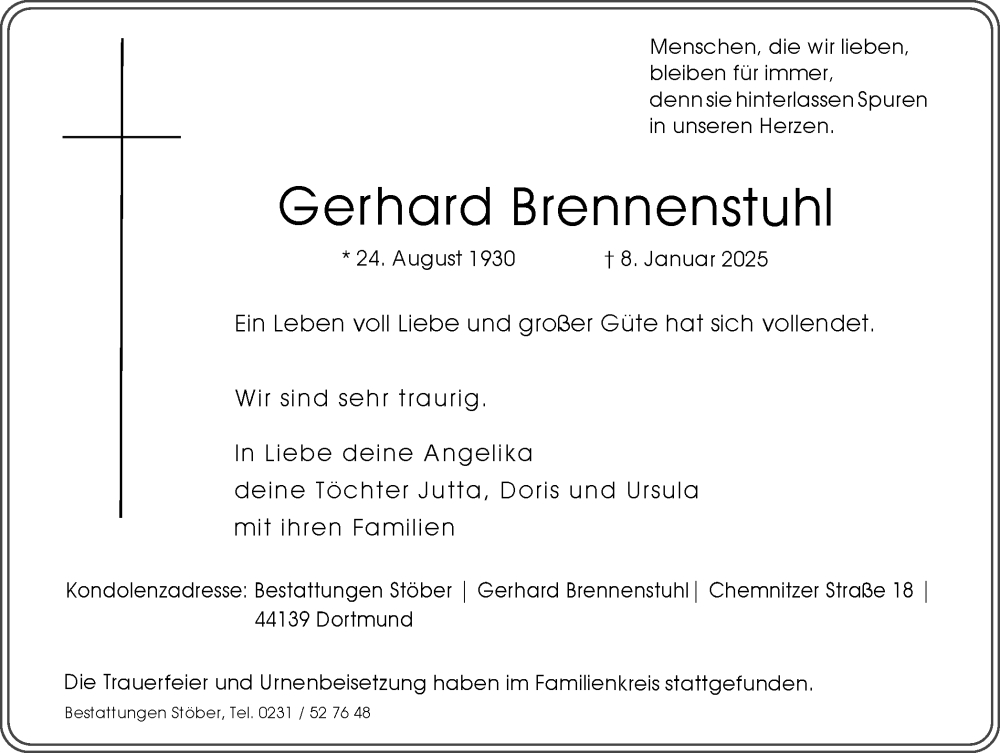  Traueranzeige für Gerhard Brennenstuhl vom 08.02.2025 aus Ruhr Nachrichten