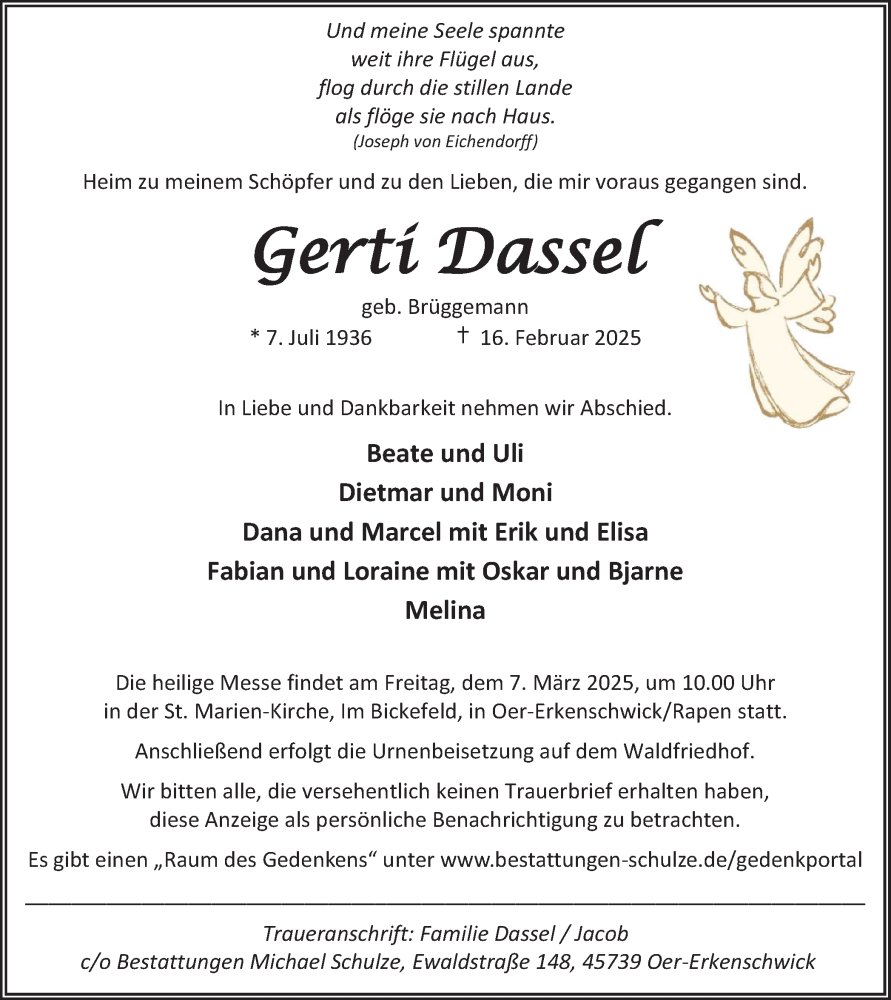  Traueranzeige für Gerti Dassel vom 22.02.2025 aus Trauer Vest
