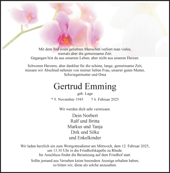 Traueranzeige von Gertrud Emming 