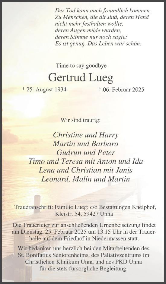 Traueranzeige von Gertrud Lueg von Hellweger Anzeiger