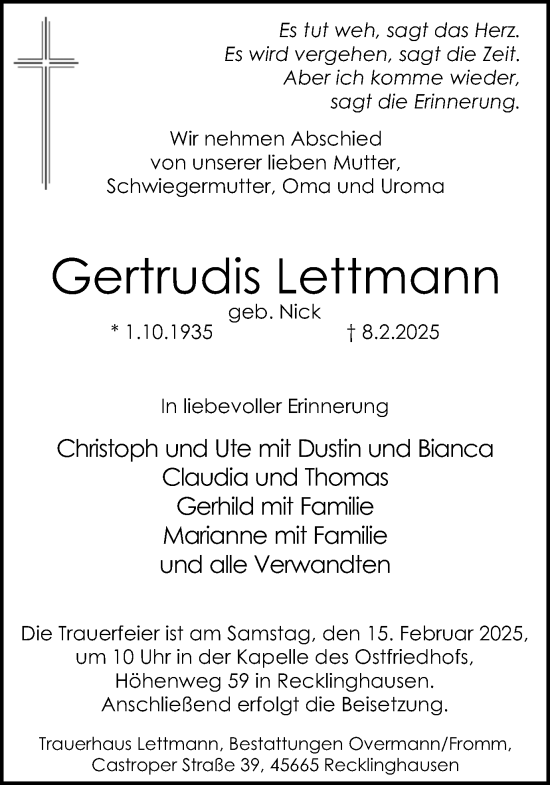 Traueranzeige von Gertrudis Lettmann von Trauer Vest