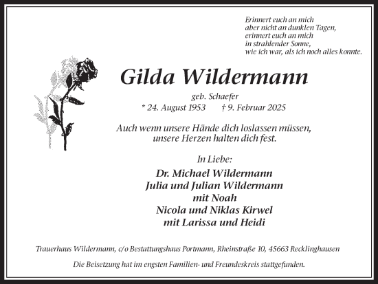 Traueranzeige von Gilda Wildermann von Trauer Vest