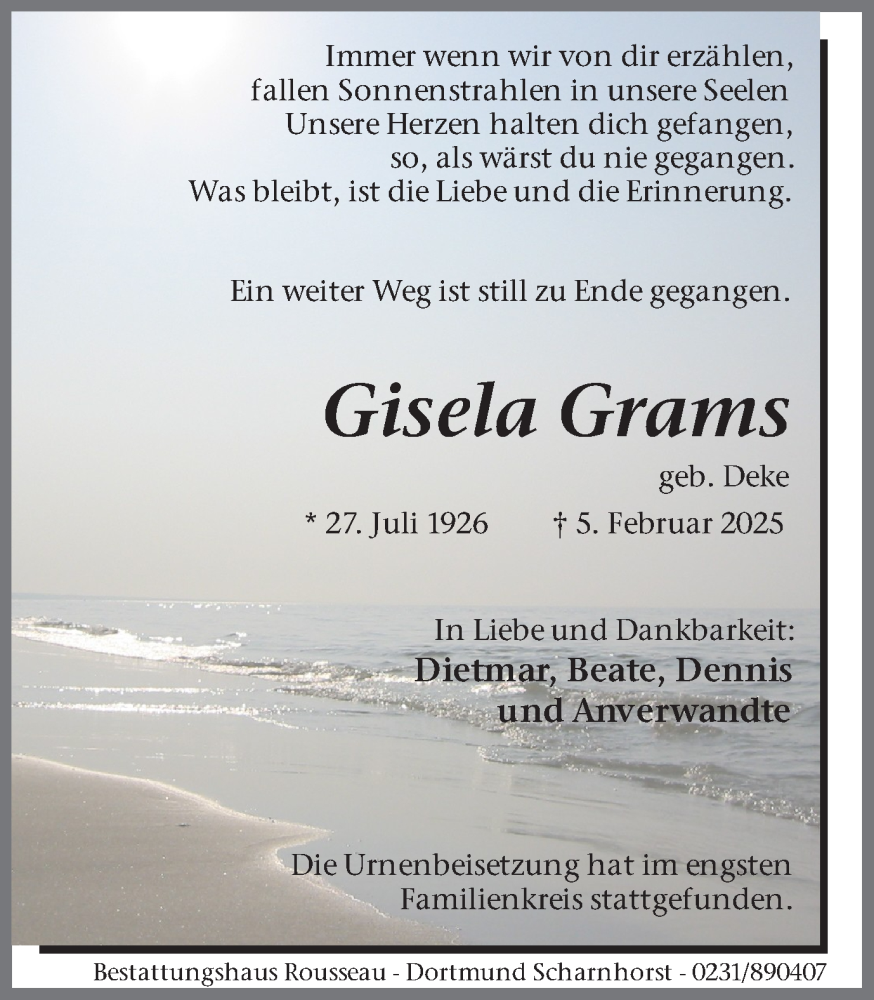  Traueranzeige für Gisela Grams vom 22.02.2025 aus Ruhr Nachrichten