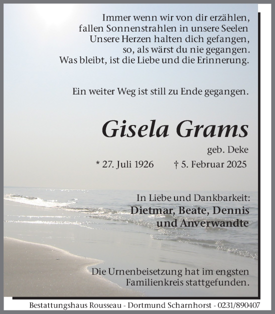 Traueranzeige von Gisela Grams von Ruhr Nachrichten