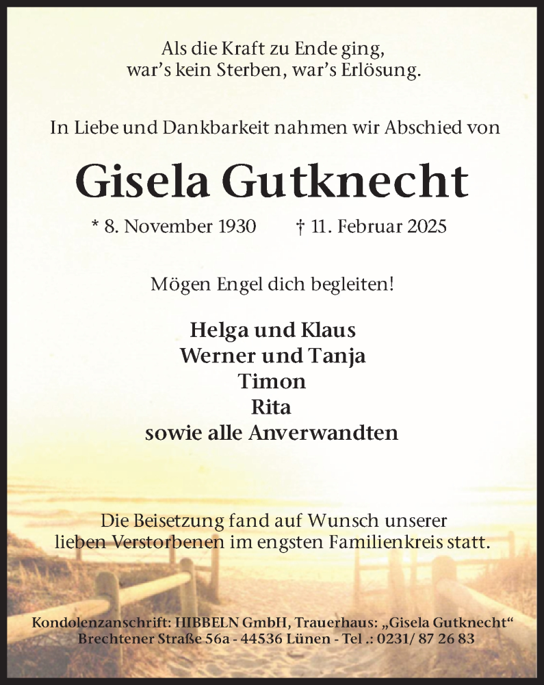  Traueranzeige für Gisela Gutknecht vom 22.02.2025 aus Lüner Anzeiger