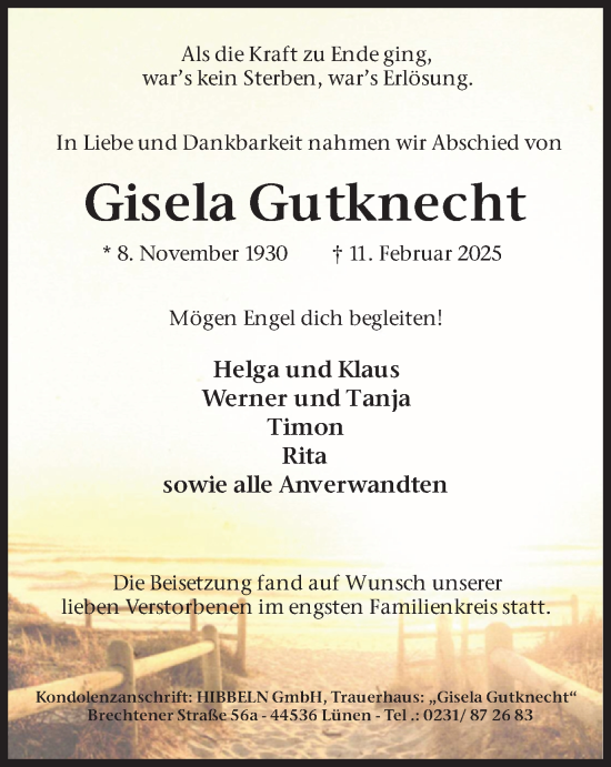 Traueranzeige von Gisela Gutknecht von Lüner Anzeiger