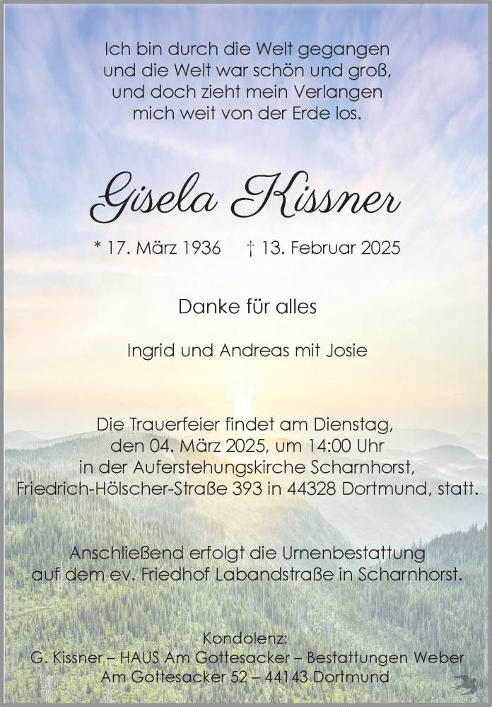  Traueranzeige für Gisela Kissner vom 22.02.2025 aus Ruhr Nachrichten