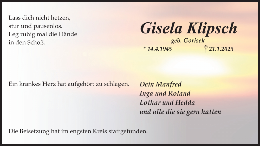  Traueranzeige für Gisela Klipsch vom 08.02.2025 aus Trauer Vest