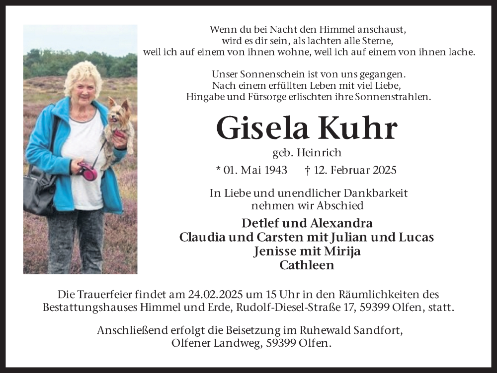  Traueranzeige für Gisela Kuhr vom 22.02.2025 aus Ruhr Nachrichten, Ruhr Nachrichten und Dorstener Zeitung