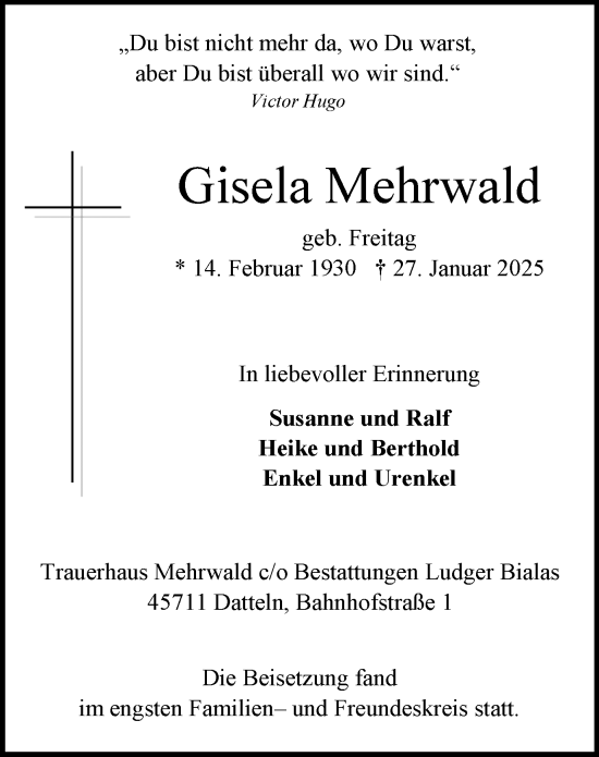 Traueranzeige von Gisela Mehrwald von Trauer Vest