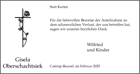 Traueranzeige von Gisela Oberschachtsiek von Stadtanzeiger Castrop-Rauxel
