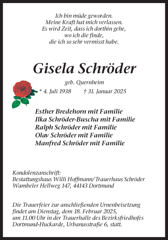 Traueranzeige von Gisela Schröder von Ruhr Nachrichten