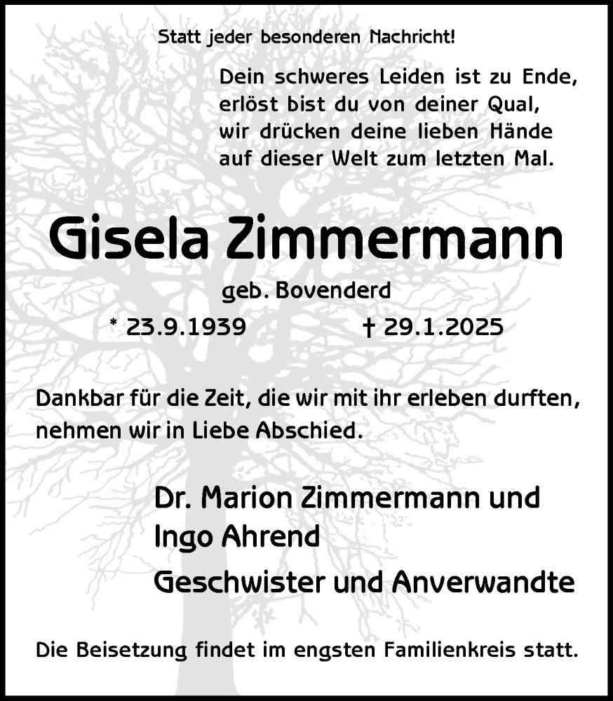  Traueranzeige für Gisela Zimmermann vom 12.02.2025 aus Trauer Vest