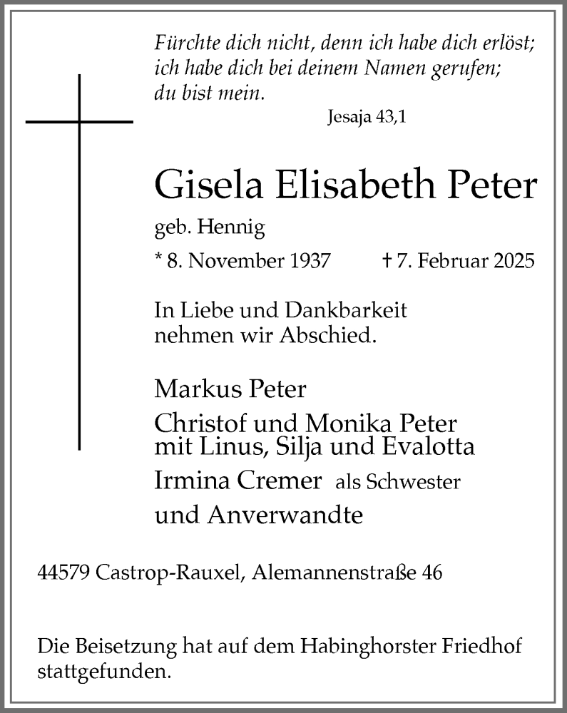  Traueranzeige für Gisela Elisabeth Peter vom 15.02.2025 aus Stadtanzeiger Castrop-Rauxel