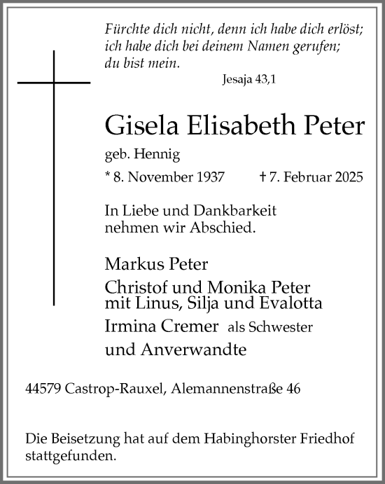 Traueranzeige von Gisela Elisabeth Peter von Stadtanzeiger Castrop-Rauxel
