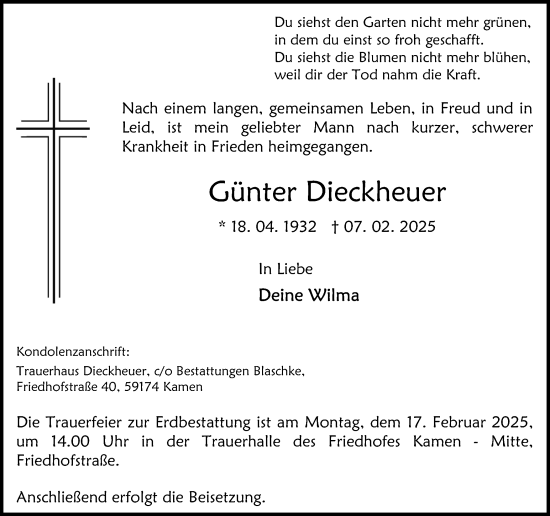 Traueranzeige von Günter Dieckheuer von Hellweger Anzeiger