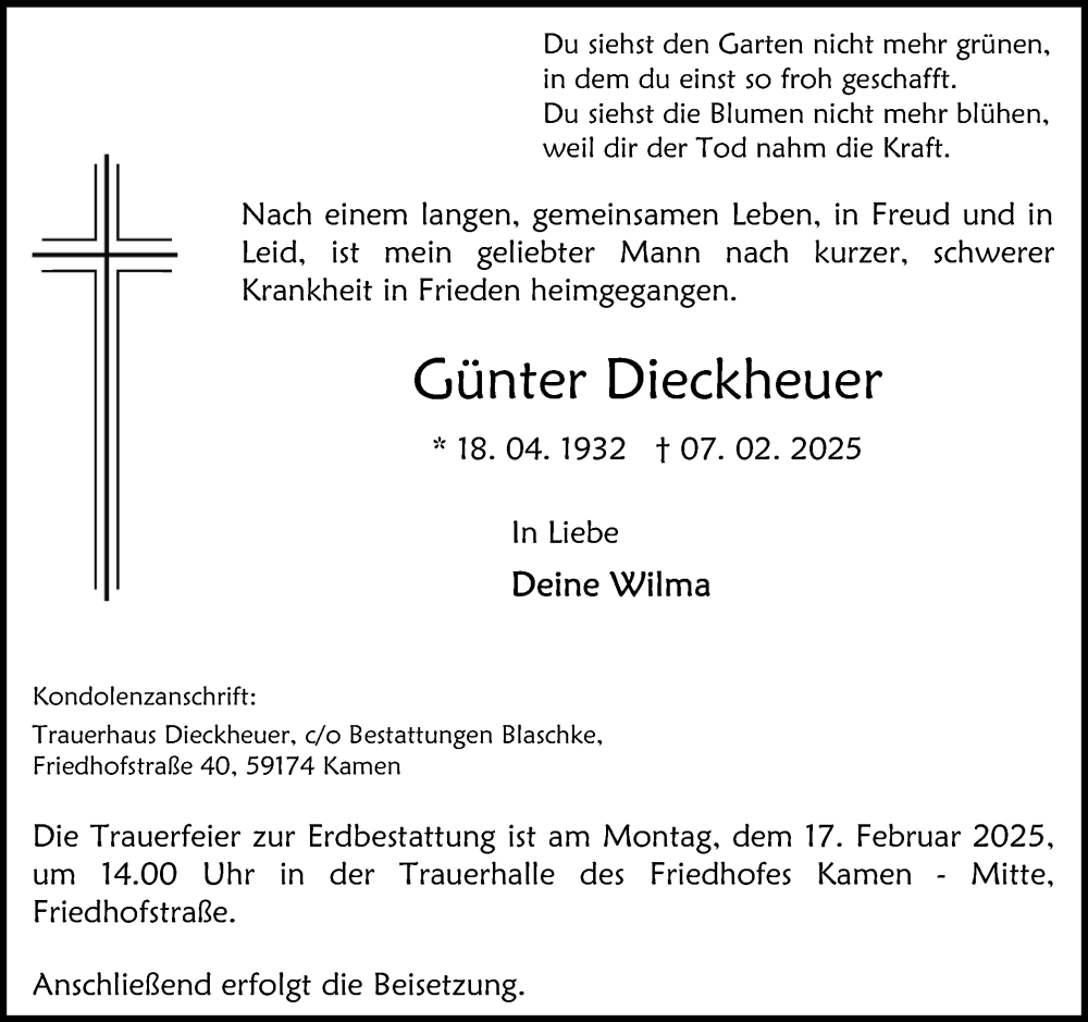  Traueranzeige für Günter Dieckheuer vom 12.02.2025 aus Hellweger Anzeiger