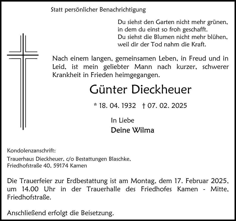  Traueranzeige für Günter Dieckheuer vom 13.02.2025 aus Hellweger Anzeiger