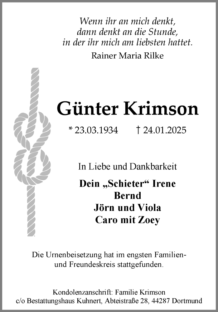  Traueranzeige für Günter Krimson vom 08.02.2025 aus Ruhr Nachrichten