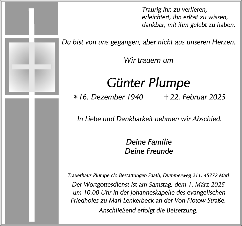  Traueranzeige für Günter Plumpe vom 26.02.2025 aus Trauer Vest