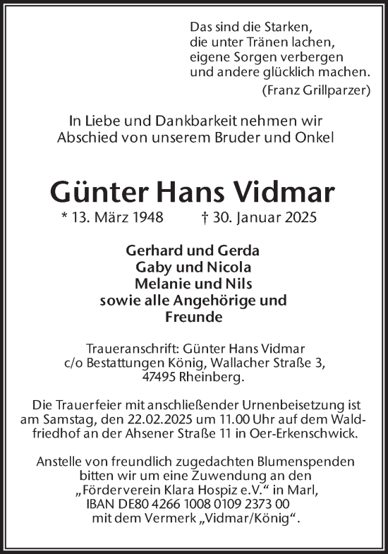 Traueranzeige von Günter Vidmar von Trauer Vest
