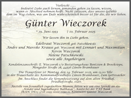 Traueranzeige von Günter Wieczorek von Ruhr Nachrichten