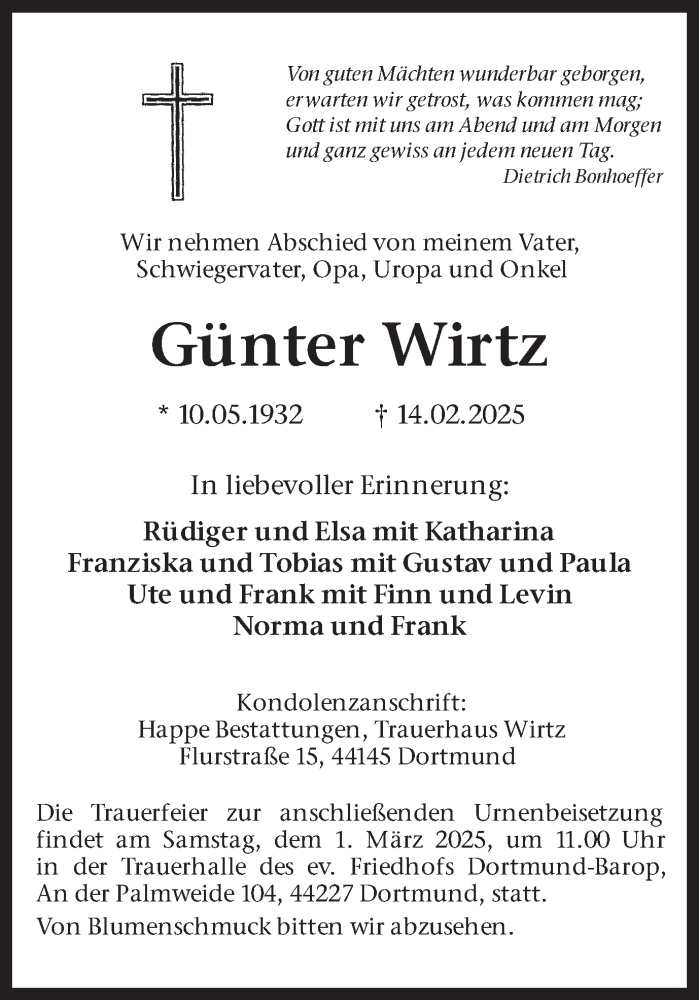  Traueranzeige für Günter Wirtz vom 22.02.2025 aus Ruhr Nachrichten