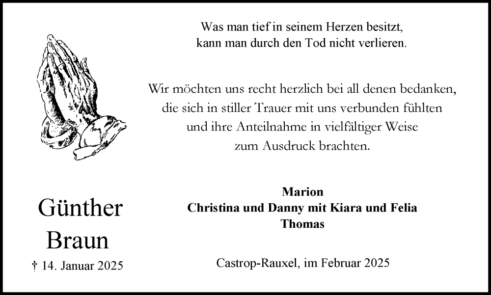  Traueranzeige für Günther Braun vom 08.02.2025 aus Stadtanzeiger Castrop-Rauxel