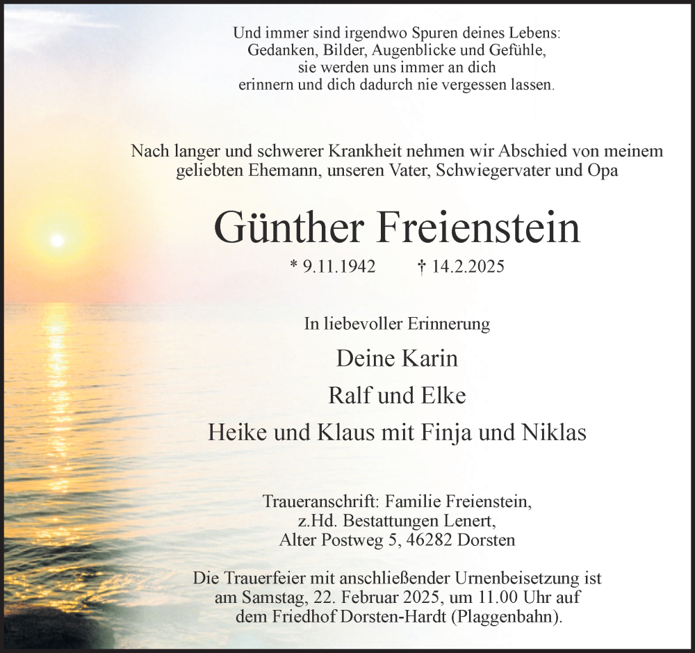  Traueranzeige für Günther Freienstein vom 19.02.2025 aus Ruhr Nachrichten und Dorstener Zeitung