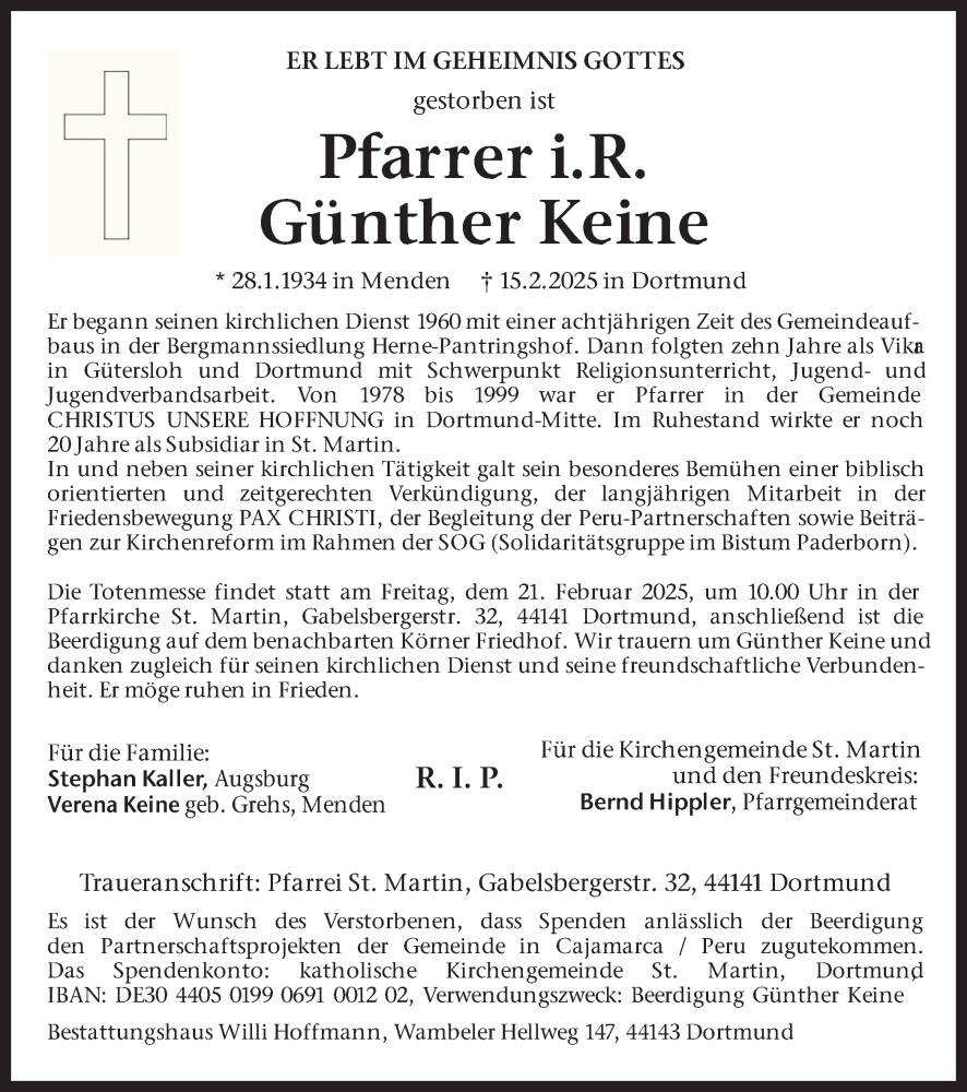  Traueranzeige für Günther Keine vom 19.02.2025 aus Ruhr Nachrichten