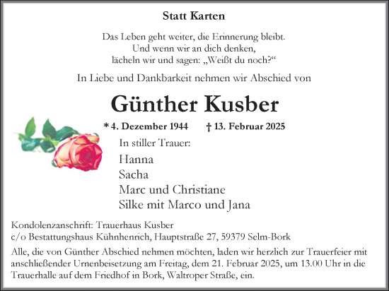 Traueranzeige von Günther Kusber von Ruhr Nachrichten