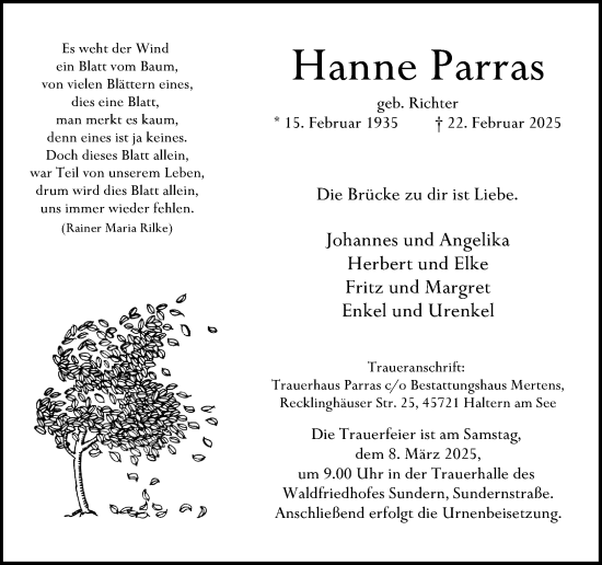 Traueranzeige von Hanne Parras von Ruhr Nachrichten und Halterner Zeitung