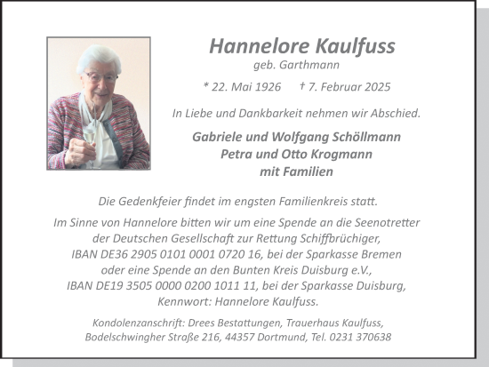 Traueranzeige von Hannelore Kaulfuss von Stadtanzeiger Castrop-Rauxel