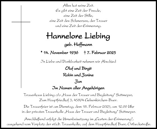 Traueranzeige von Hannelore Liebing von Trauer Vest