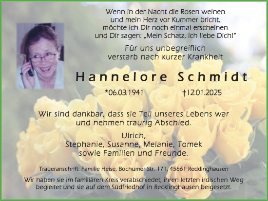 Traueranzeige von Hannelore Schmidt von Trauer Vest