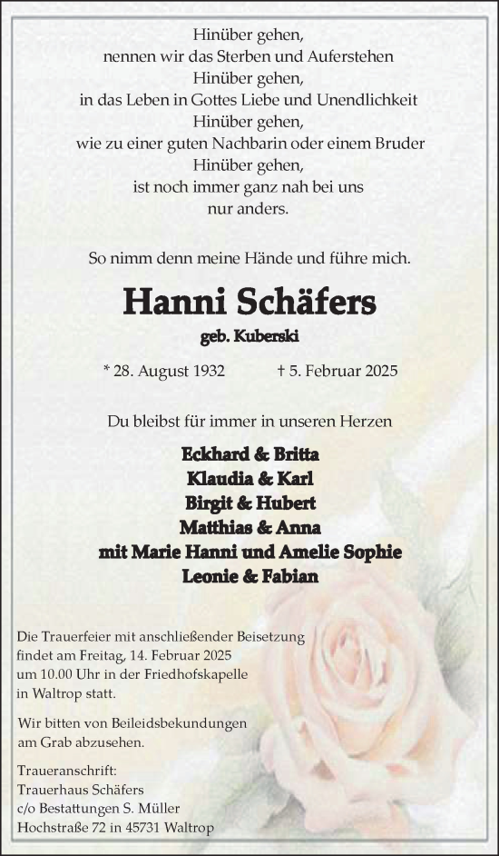 Traueranzeige von Hanni Schäfers von Trauer Vest