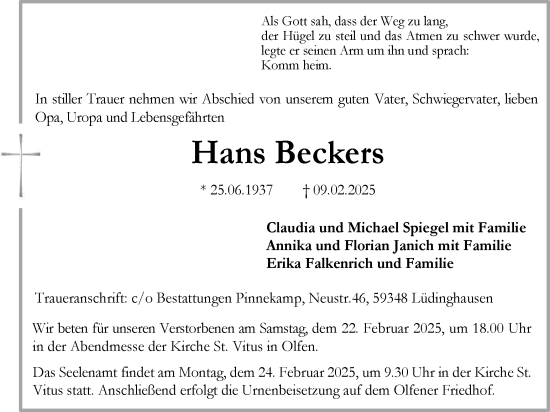Traueranzeige von Hans Beckers von Ruhr Nachrichten