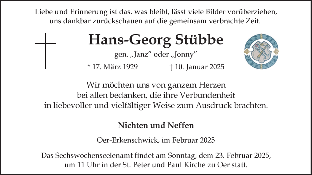  Traueranzeige für Hans-Georg Stübbe vom 15.02.2025 aus Trauer Vest
