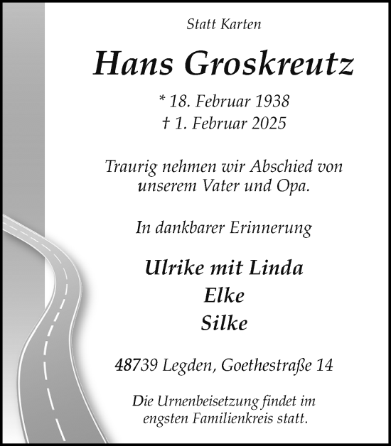 Traueranzeige von Hans Groskreutz von Münsterland Zeitung
