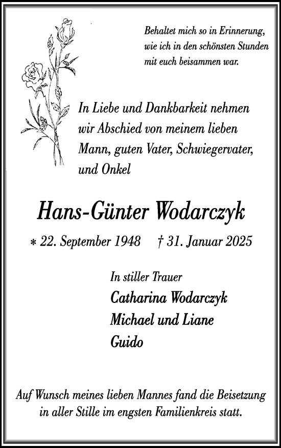 Traueranzeige von Hans-Günter Wodarczyk von Trauer Vest
