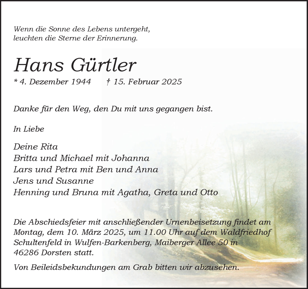  Traueranzeige für Hans Gürtler vom 26.02.2025 aus Ruhr Nachrichten und Dorstener Zeitung