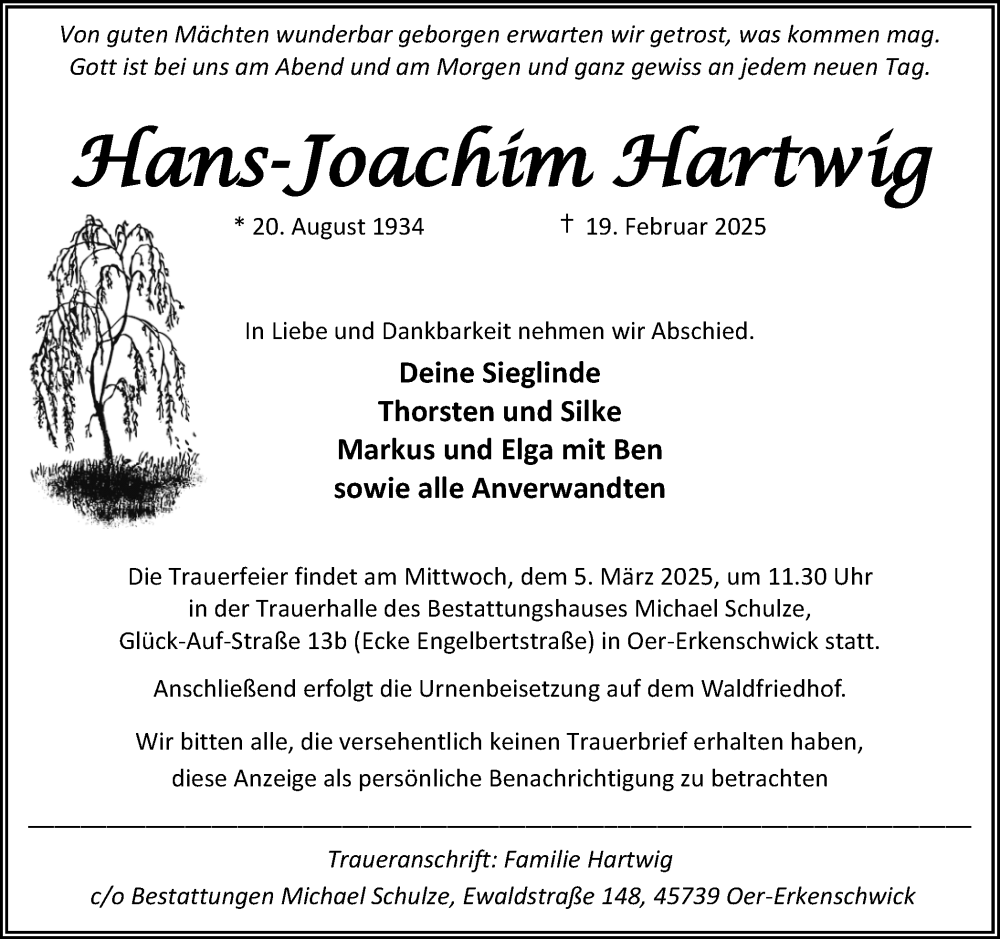  Traueranzeige für Hans-Joachim Hartwig vom 26.02.2025 aus Trauer Vest