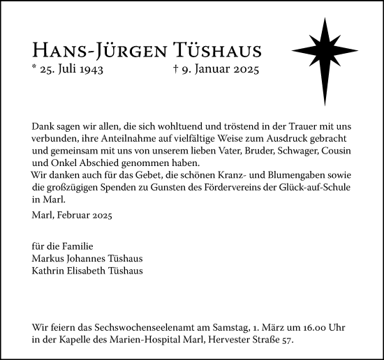 Traueranzeige von Hans-Jürgen Tüshaus von Trauer Vest