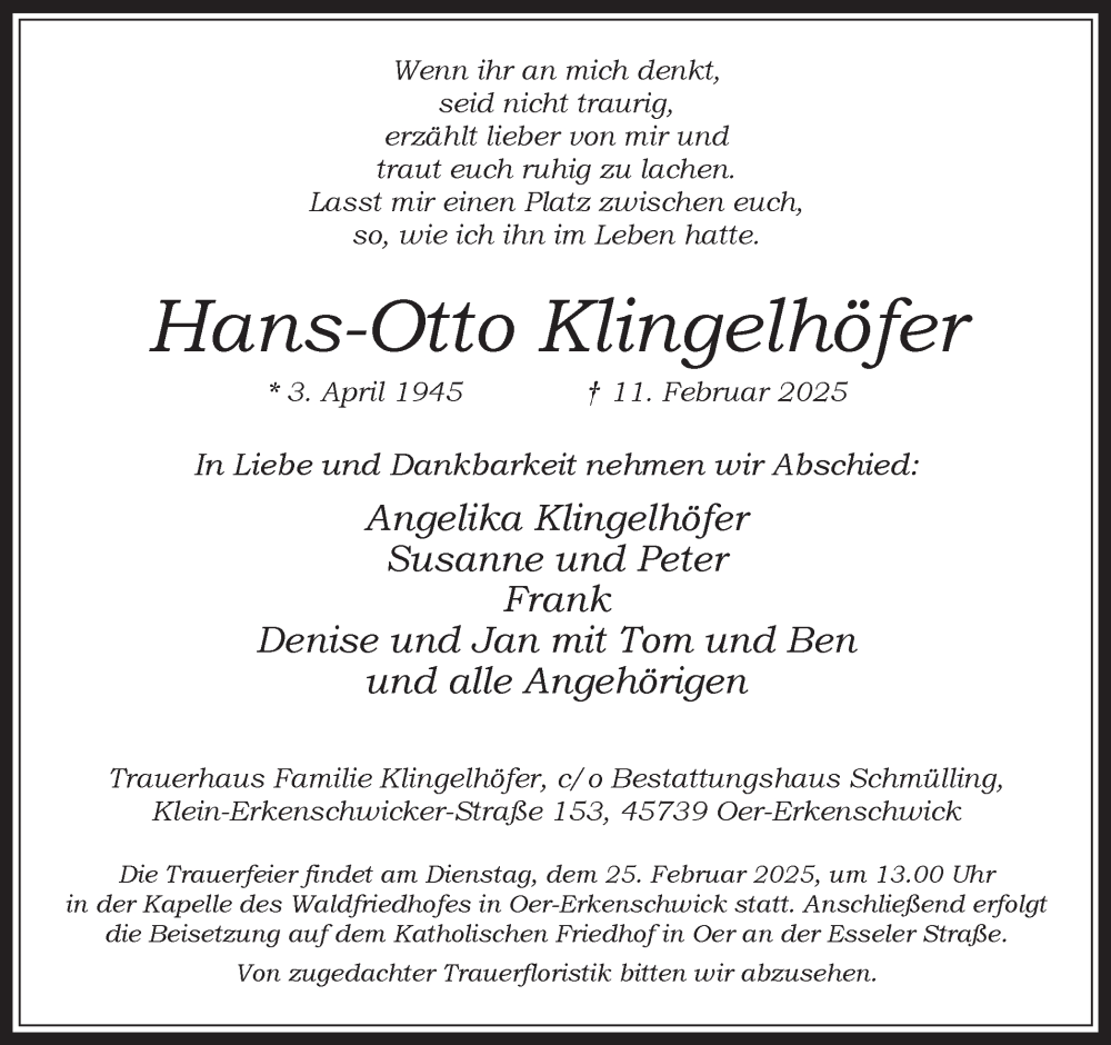  Traueranzeige für Hans-Otto Klingelhöfer vom 22.02.2025 aus Trauer Vest