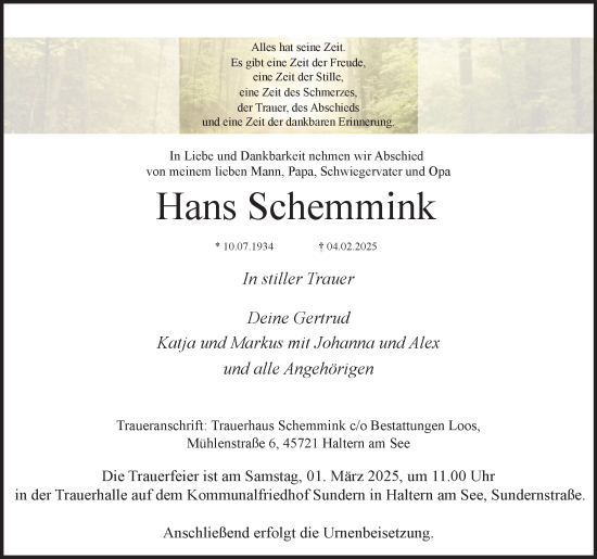 Traueranzeige von Hans Schemmink von Ruhr Nachrichten und Halterner Zeitung