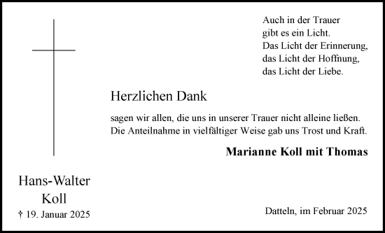 Traueranzeige von Hans-Walter Koll von Trauer Vest