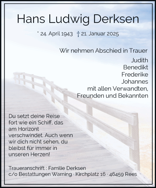 Traueranzeige von Hans Ludwig Derksen 