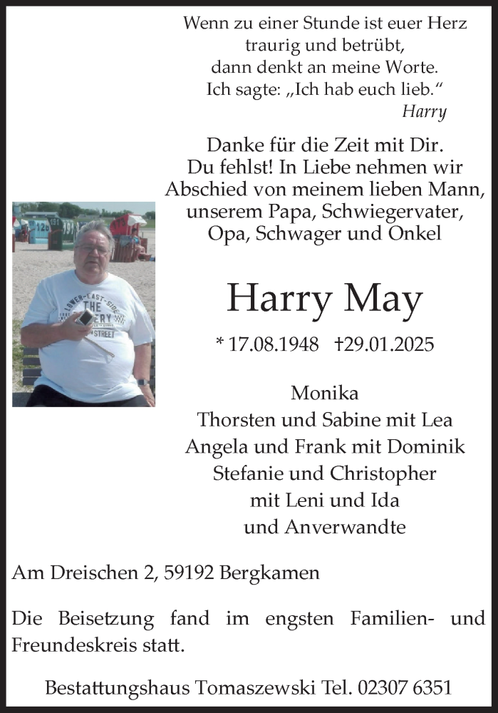  Traueranzeige für Harry May vom 15.02.2025 aus Hellweger Anzeiger